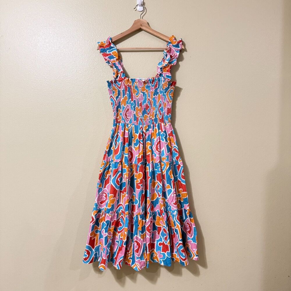 Amanda Uprichard Adelene Smocked Tiered Midi Dress Miami Print Women's M
